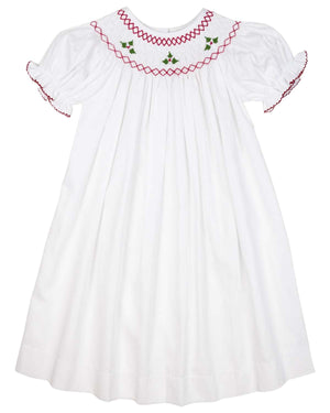 Holly Berry Smocked White Bishop Dress