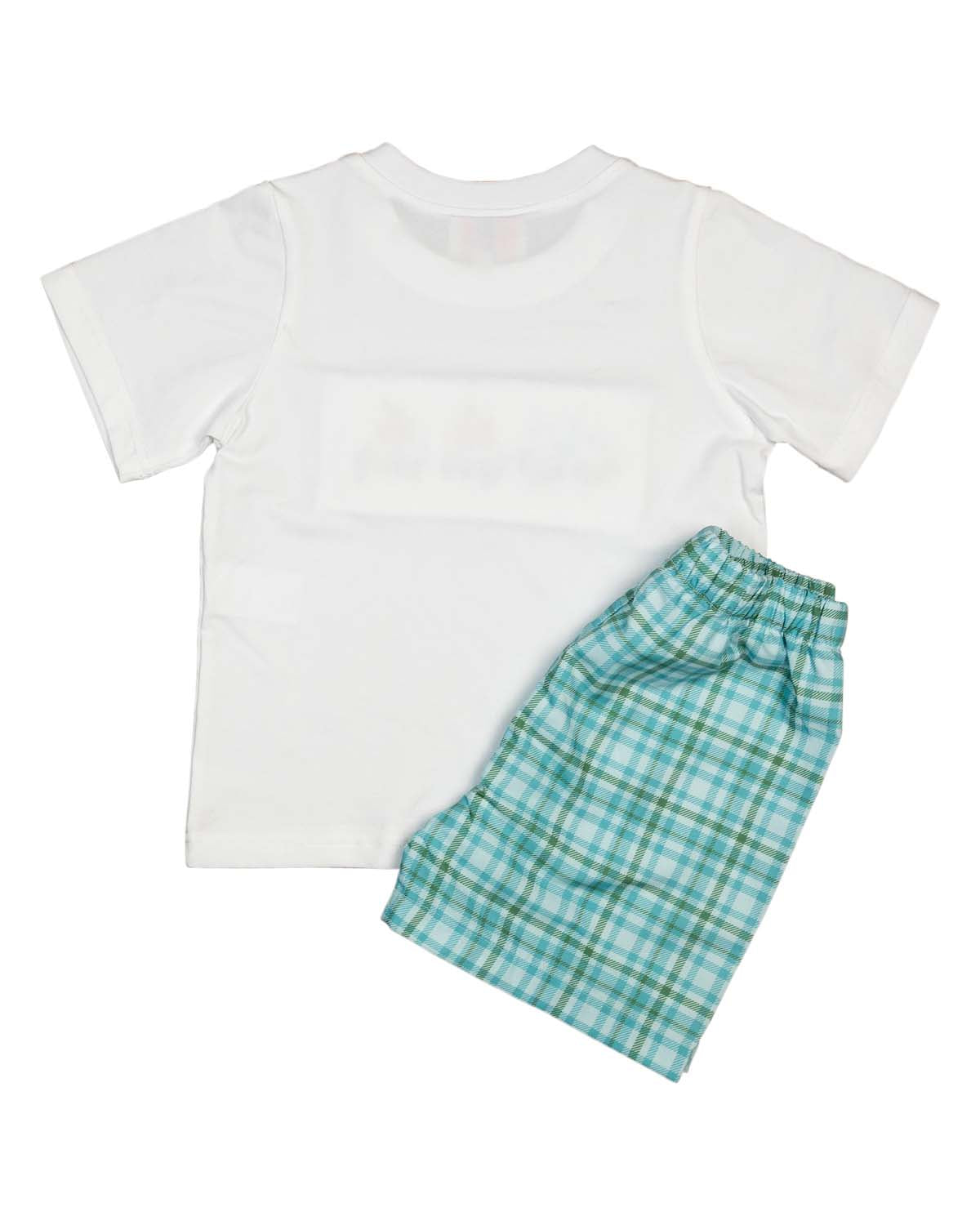Tractor and Pumpkins Smocked Teal Plaid Shorts Set