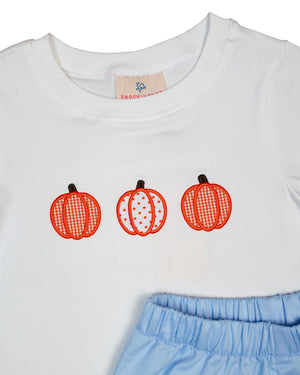 Pumpkin Applique Blue Polka Dot Shorts Set-FINAL SALE