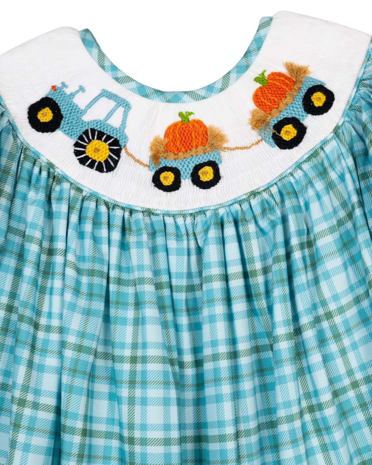 Tractor and Pumpkins Smocked Teal Plaid Dress