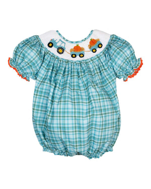 Tractor and Pumpkins Smocked Teal Plaid Girl Bubble