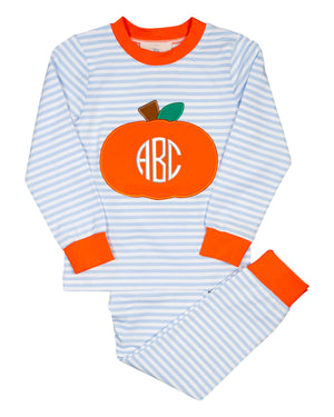 Pumpkin Applique Blue Striped Pajama Set-FINAL SALE