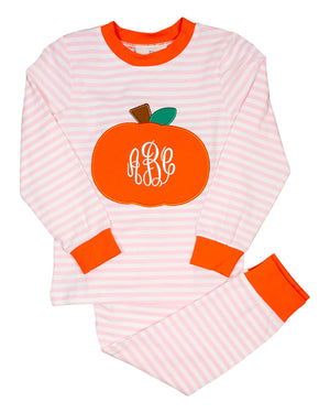Pumpkin Applique Pink Striped Pajama Set