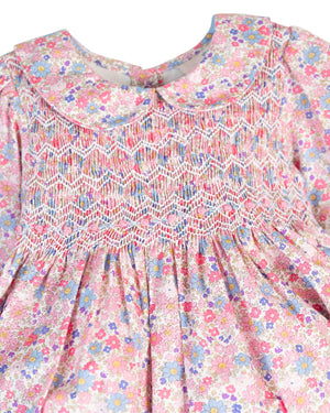 Blue and Pink Floral Smocked Peter Pan Bubble