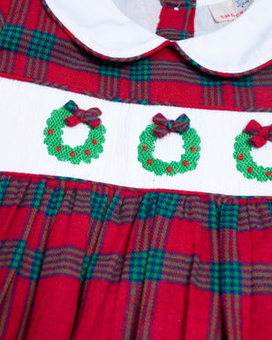 Wreath Smocked Red and Green Plaid Girl Bubble- FINAL SALE