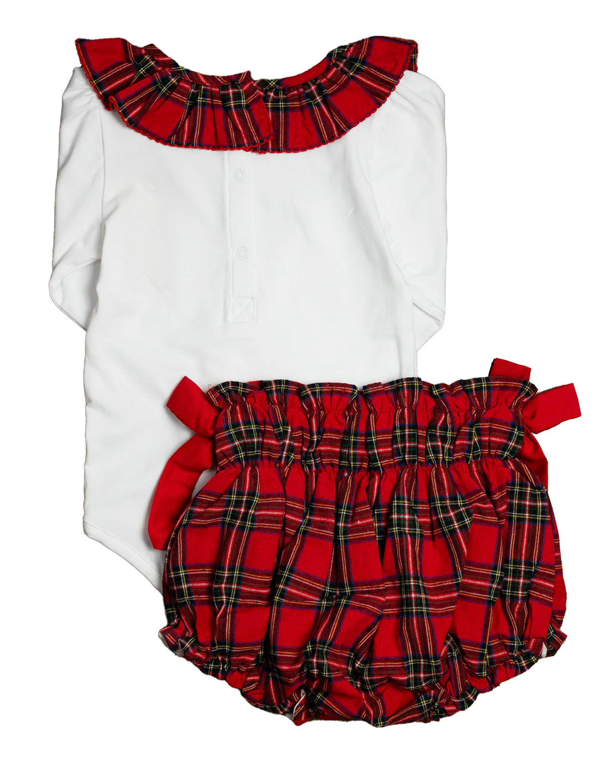 Red Tartan Plaid Smocked Bloomers with Peter Pan Body Suit