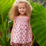 Pink Peony Block Print Angel Sleeve Shorts Set