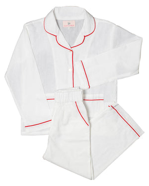 White Button Down Pajamas with Red Trim