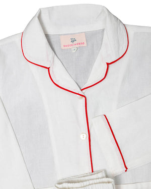 White Button Down Pajamas with Red Trim