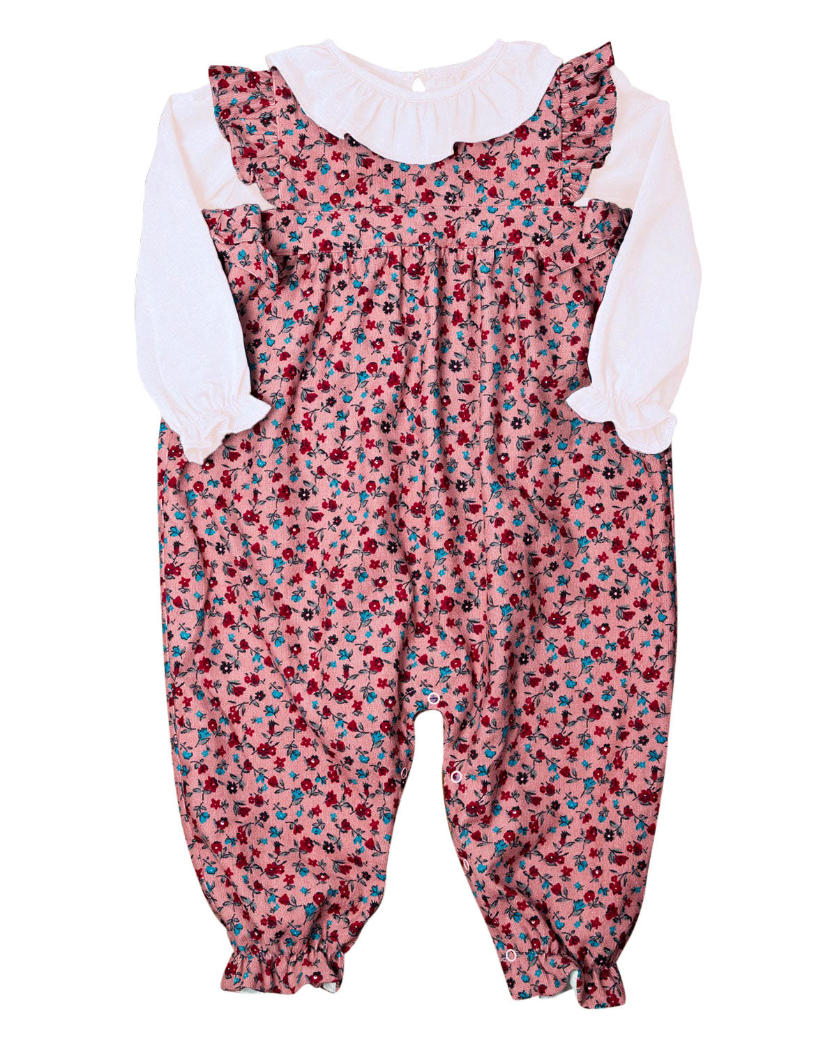 Ditsy Floral Corduroy Romper with White Knit Shirt Set