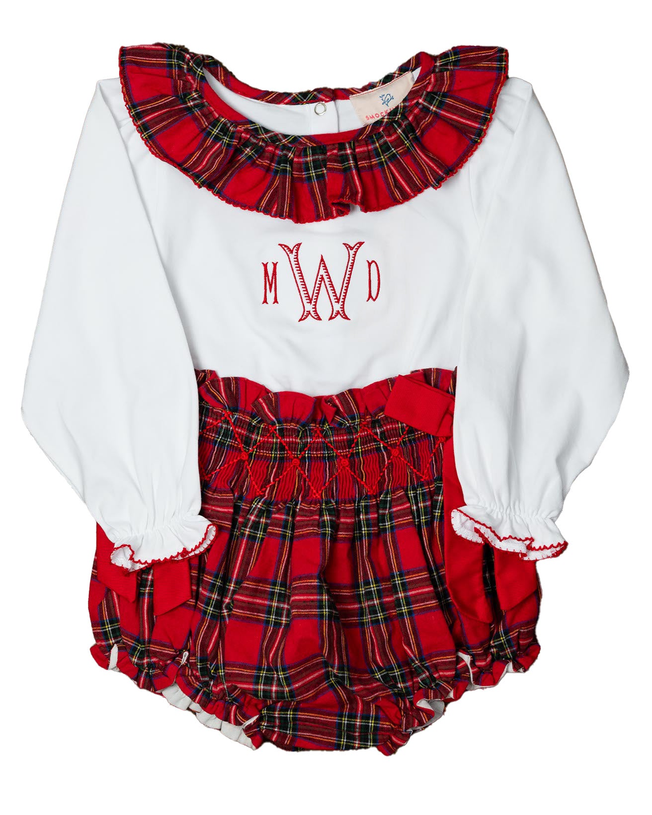 Red Tartan Plaid Smocked Bloomers with Ruffle Collar
