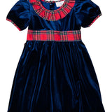 Navy Velvet Longall with Red Tartan Trim