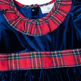 Navy Velvet Longall with Red Tartan Trim