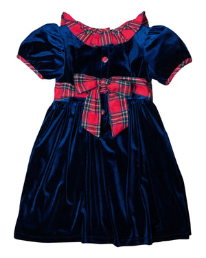 Navy Velvet Dress with Red Tartan Sash