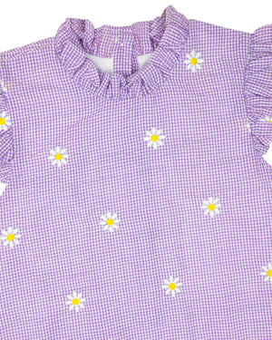 Lavender Daisy Embroidered Gingham Dress