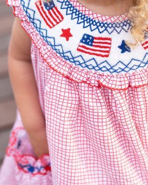 American Flags and Stars Smocked Patriotic Girl Bubble