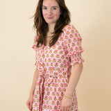 Pink Block Print Ladies Dress with Silver Lurex