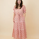 Pink Block Print Ladies Dress with Silver Lurex