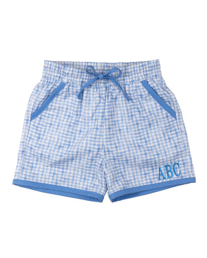 Blue Watercolor Plaid Swim Trunks