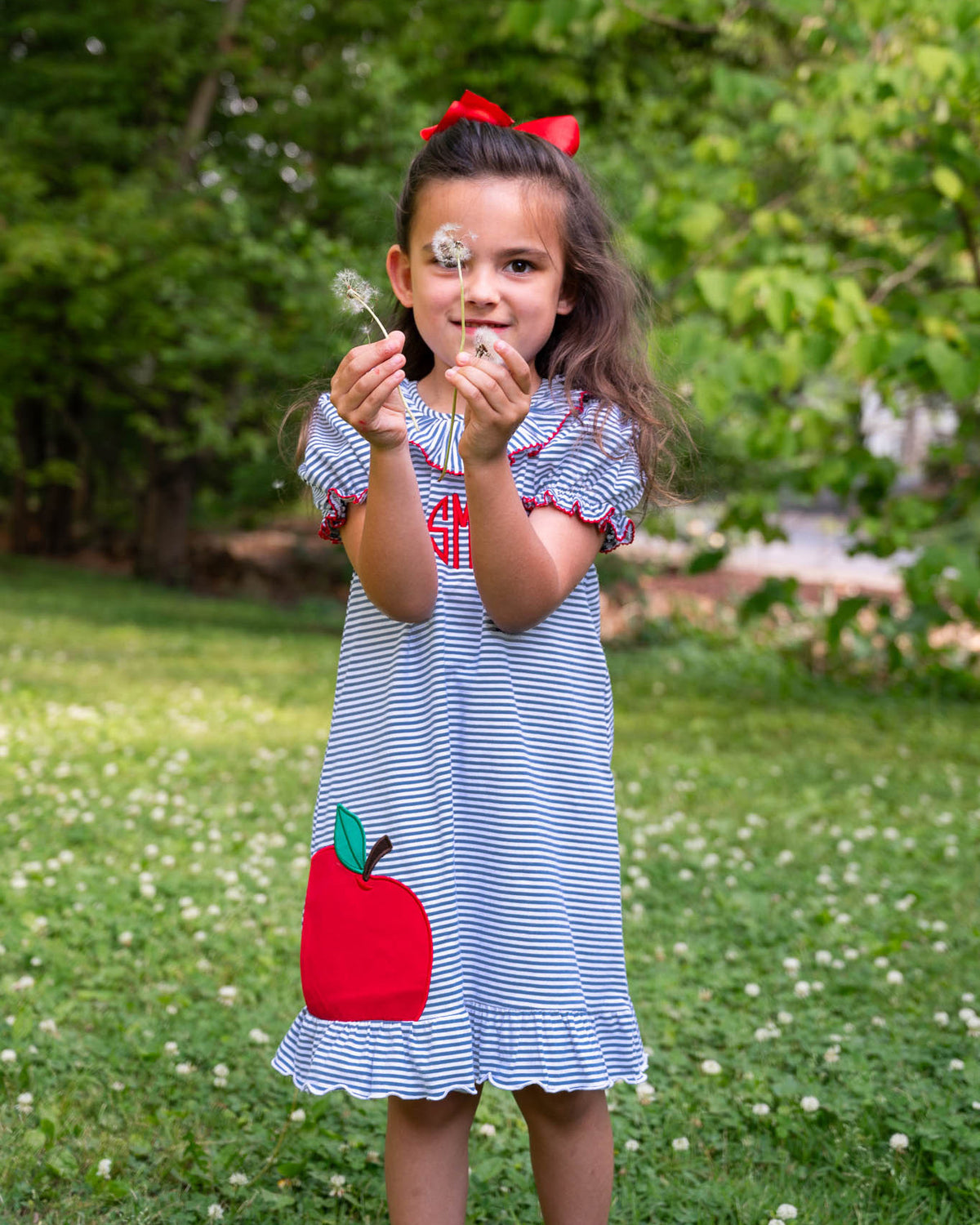 Apple Applique Navy Striped Knit Dress-FINAL SALE