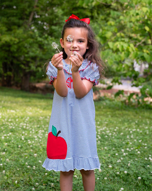 Apple Applique Navy Striped Knit Dress-FINAL SALE