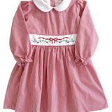 Holiday Embroidery Garnet Gingham Dress With Sash