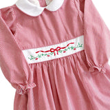 Holiday Embroidery Garnet Gingham Dress With Sash
