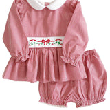 Holiday Embroidery Garnet Gingham Bloomer Set With Sash