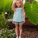 Blue Poppy Block Print Angel Sleeve Shorts Set