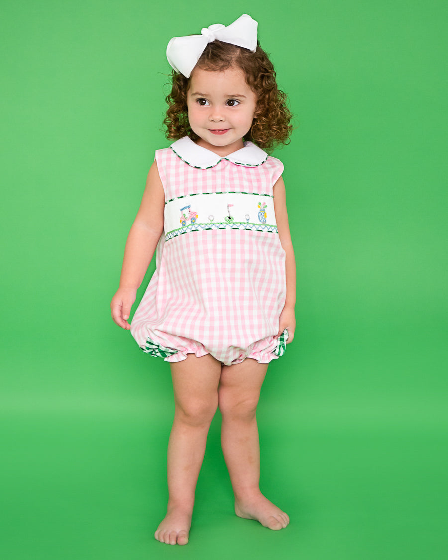 Golf Smocked Pink Checked Bubble with Bow Detail