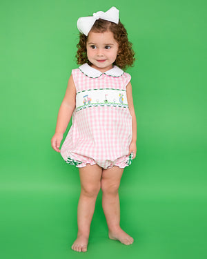 Golf Smocked Pink Checked Bubble with Bow Detail