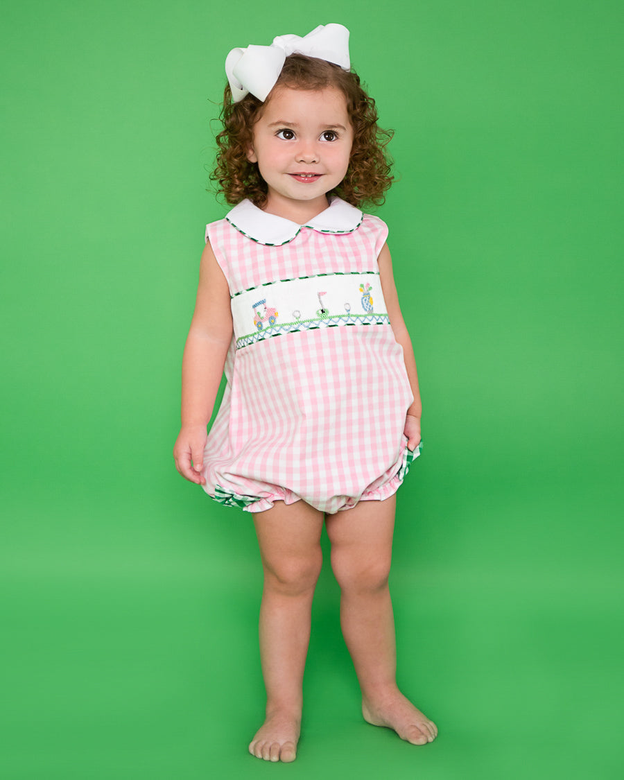 Golf Smocked Pink Checked Bubble with Bow Detail