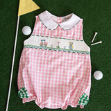 Golf Smocked Pink Checked Bubble with Bow Detail