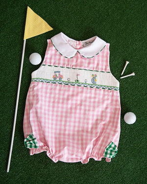 Golf Smocked Pink Checked Bubble with Bow Detail