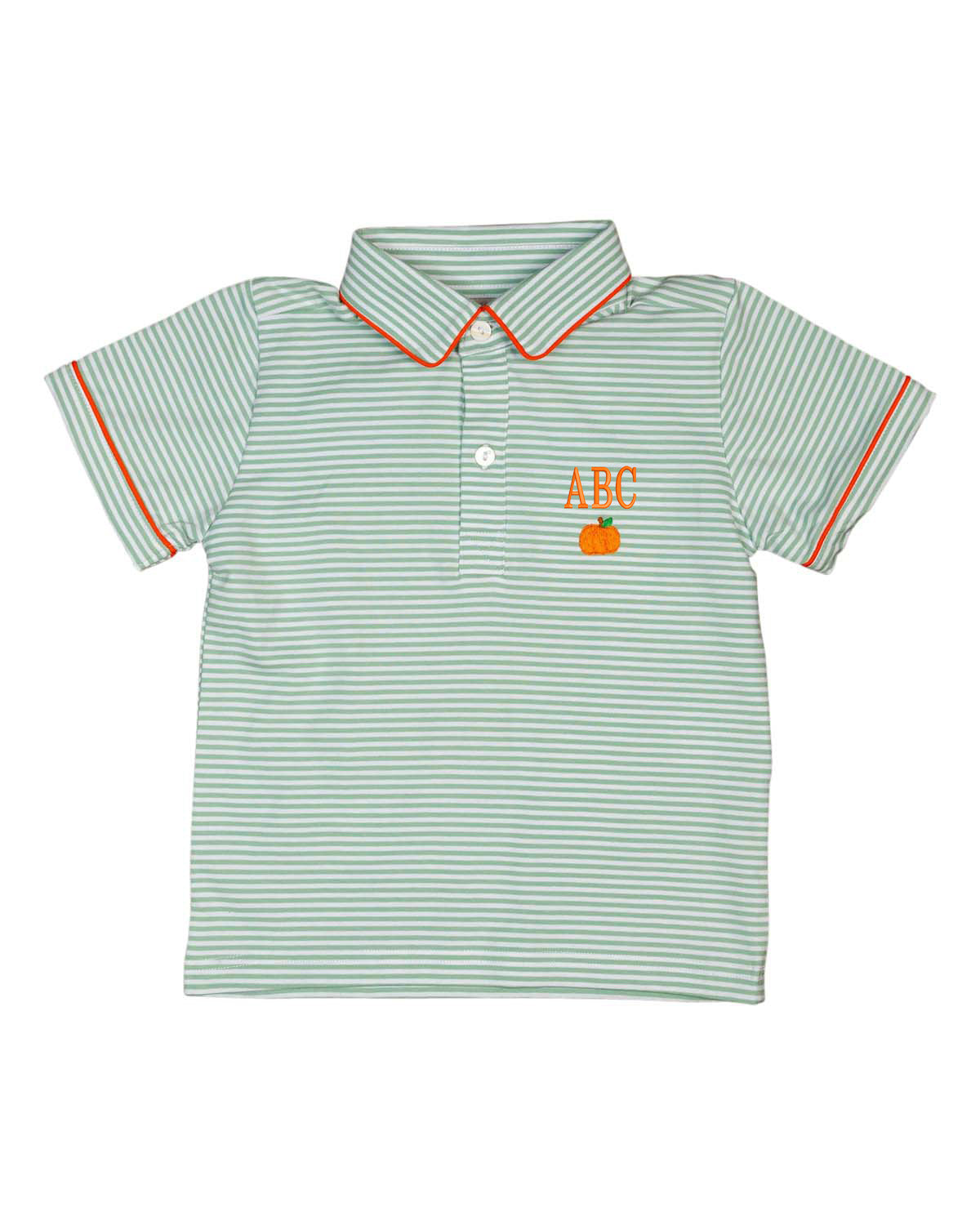 Pumpkin Embroidered Green Striped Knit Polo