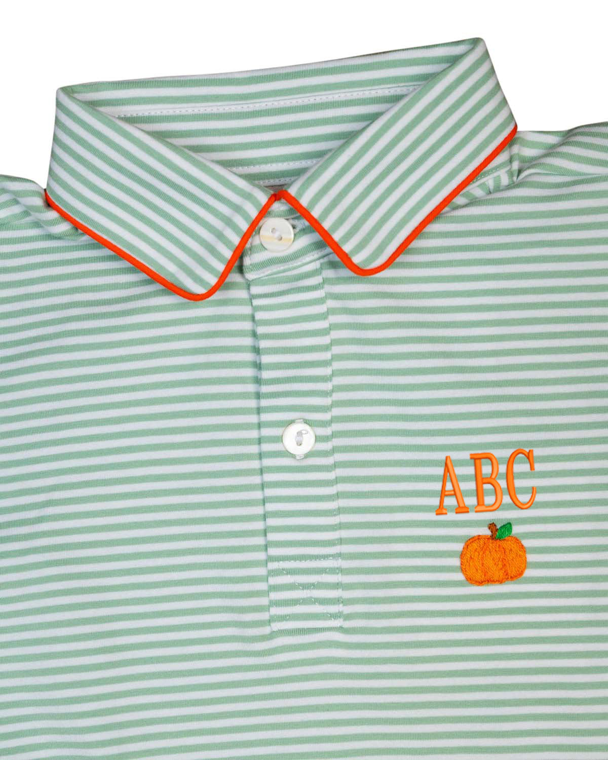 Pumpkin Embroidered Green Striped Knit Polo