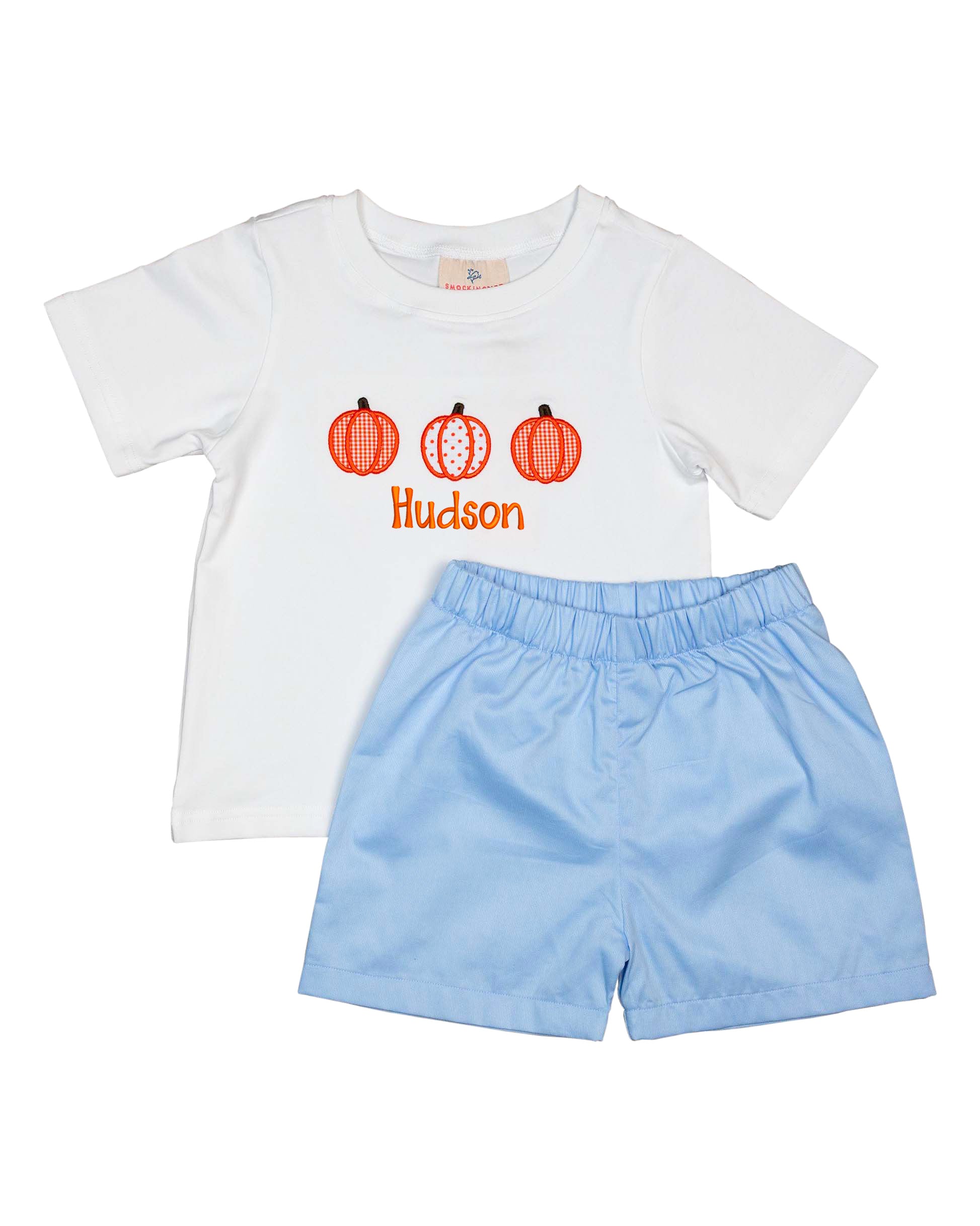 Pumpkin Applique Blue Polka Dot Shorts Set