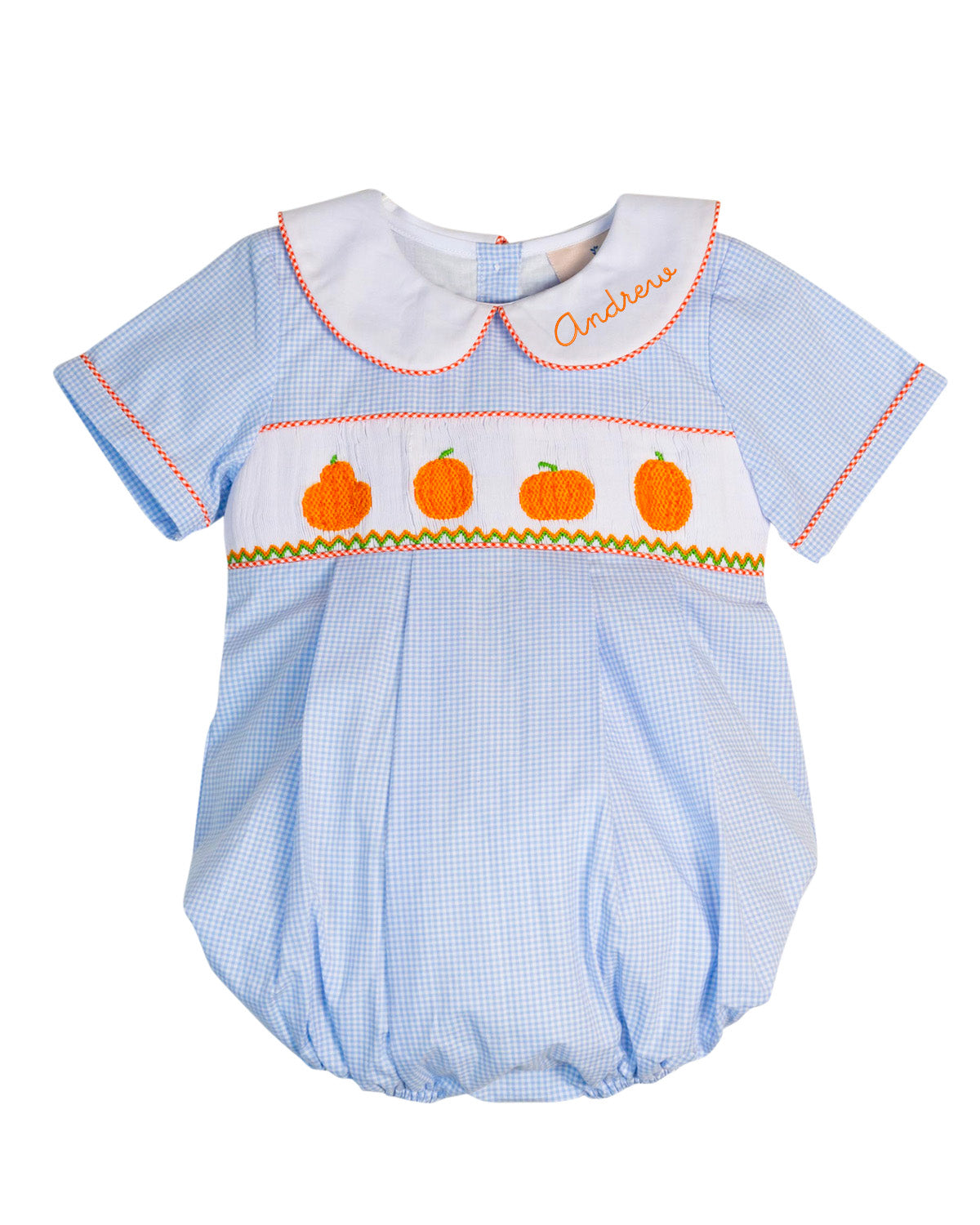 Fall Pumpkins Smocked Blue Gingham Boy Bubble