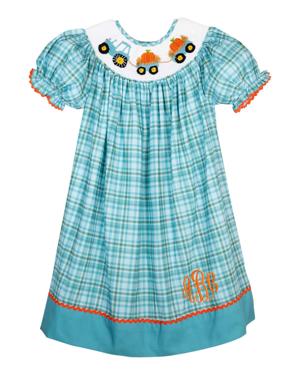 Tractor and Pumpkins Smocked Teal Plaid Dress-FINAL SALE