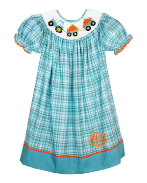 Tractor and Pumpkins Smocked Teal Plaid Dress