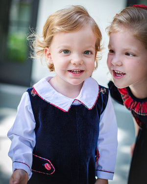 Navy Velvet Dress with Red Tartan Sash