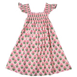 Pink Peony Block Print Angel Sleeve Dress