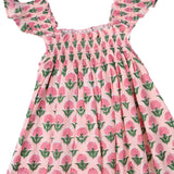 Pink Peony Block Print Angel Sleeve Dress