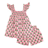 Pink Peony Block Print Angel Sleeve Shorts Set