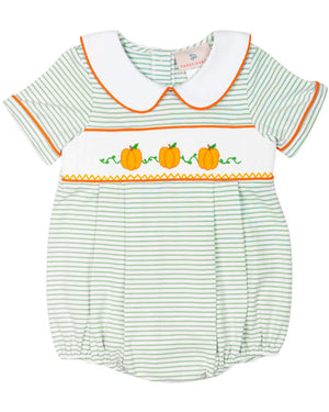 Pumpkins Smocked Green Striped Knit Boy Bubble