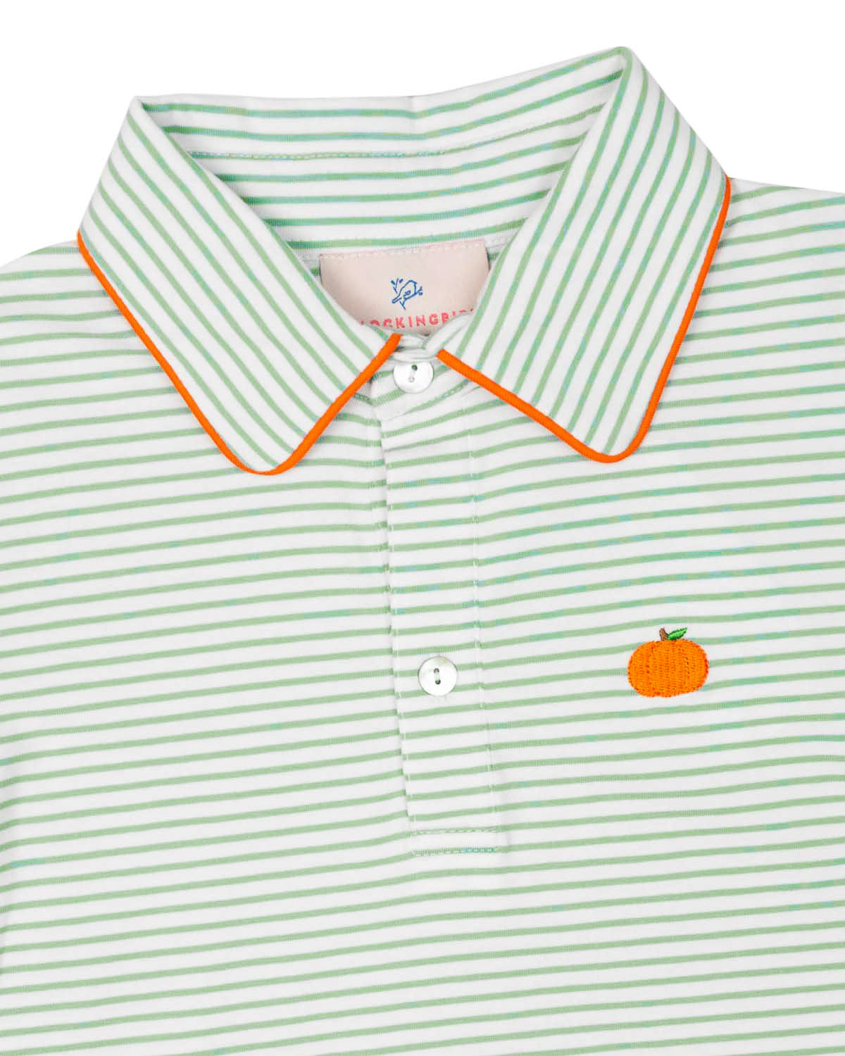 Pumpkin Embroidered Green Striped Knit Polo