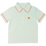 Pumpkin Embroidered Green Striped Knit Polo