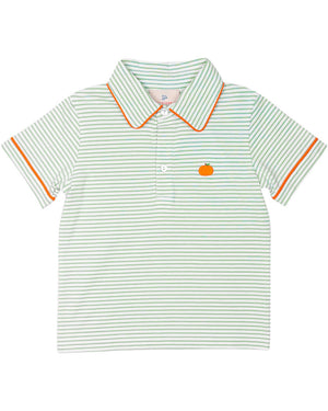 Pumpkin Embroidered Green Striped Knit Polo