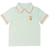 Pumpkin Embroidered Green Striped Knit Polo