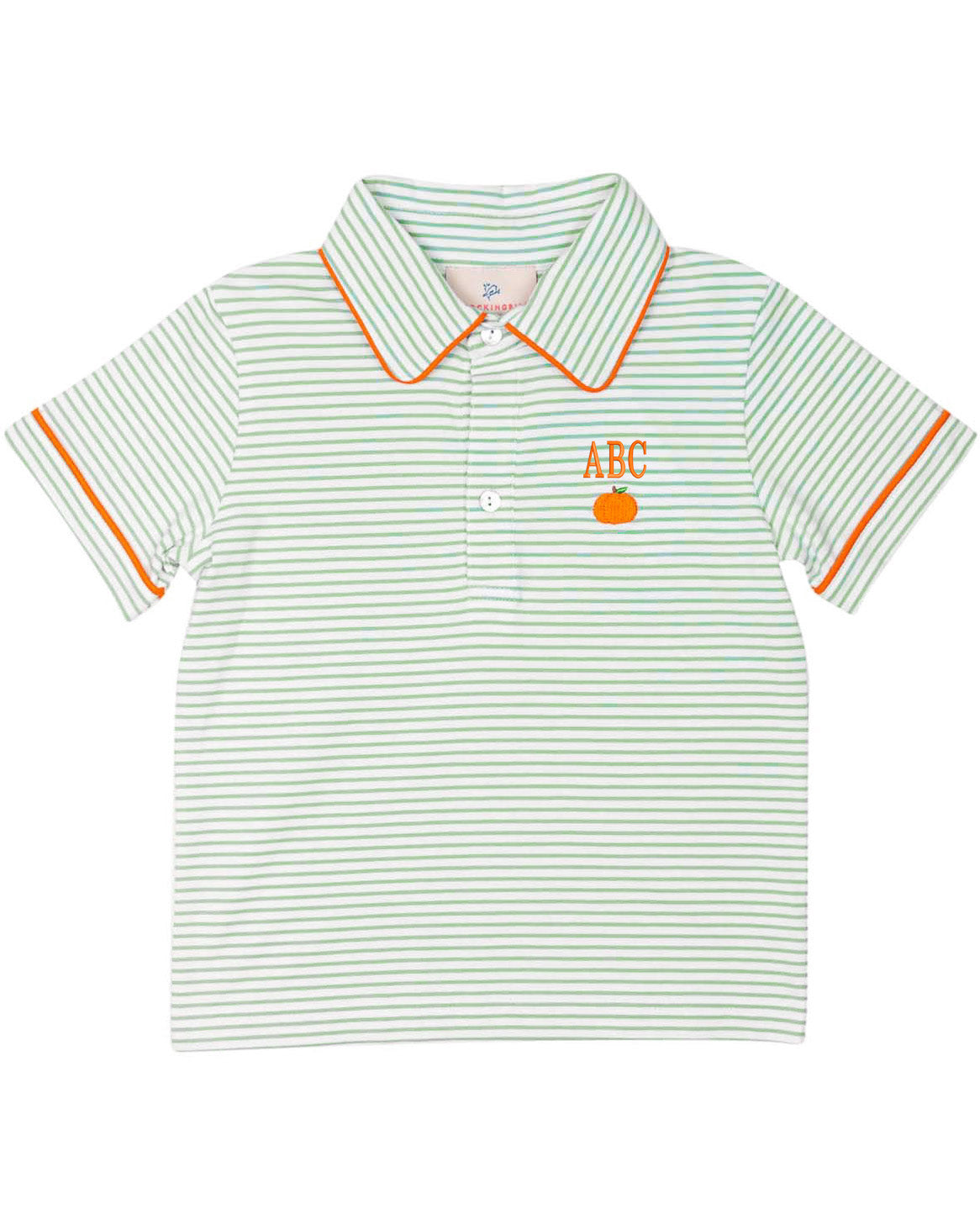 Pumpkin Embroidered Green Striped Knit Polo